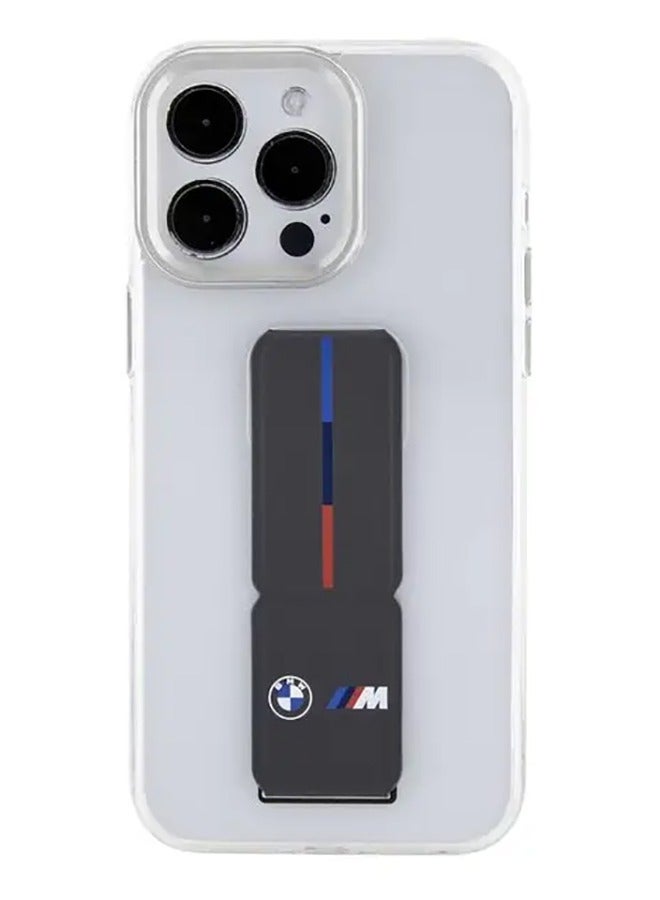 BMW M Grip Stand Clear Case with Leather Grip & Perforated Pattern for iPhone 15 Pro - Grey - Image 3