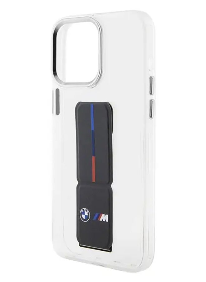 BMW M Grip Stand Clear Case with Leather Grip & Perforated Pattern for iPhone 15 Pro - Grey - Image 2