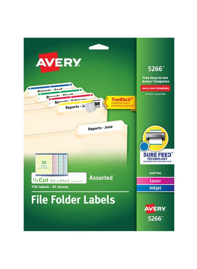 Avery TrueBlock File Folder Labels, 2/3" x 3-7/16", 750 Printable Labels, Assorted Colors, Permanent (5266) - Image 1