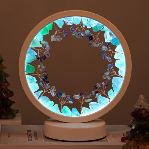 Runyangshi Natural Crystal Green Fluorite Small Tree Round White Frame Tri-Color Ambient Light Home Decoration Night Light Mother's Day Gift - Image 1
