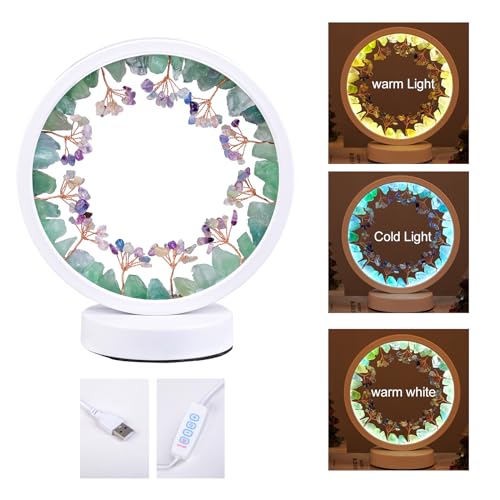 Runyangshi Natural Crystal Green Fluorite Small Tree Round White Frame Tri-Color Ambient Light Home Decoration Night Light Mother's Day Gift - Image 2