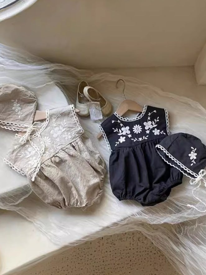 Cotton And Linen Embroidered Baby Jumpsuit Baby Summer Thin Breathable Triangle Romper Baby Summer Romper - Image 2