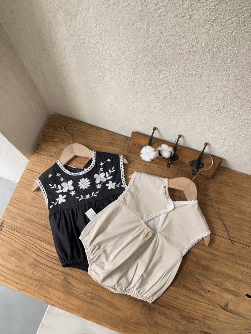 Cotton And Linen Embroidered Baby Jumpsuit Baby Summer Thin Breathable Triangle Romper Baby Summer Romper - Image 3