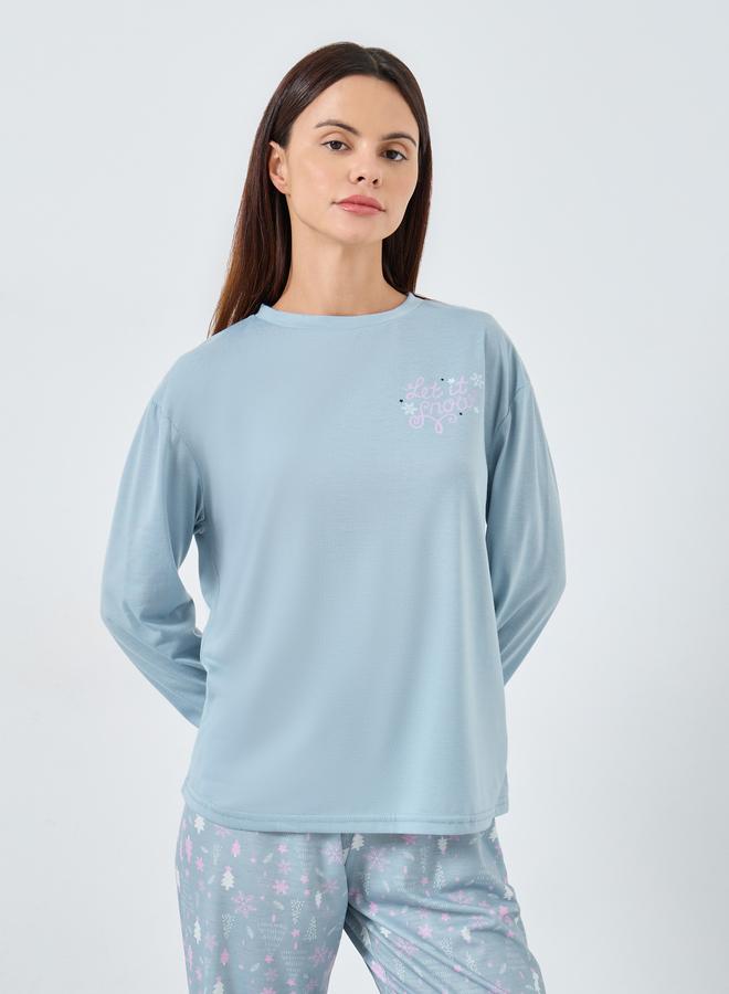 Styli Slogan Long Sleeve T-Shirt and Winter Print Cuffed Pyjama Set - Image 2
