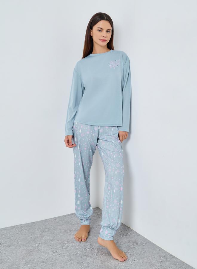 Styli Slogan Long Sleeve T-Shirt and Winter Print Cuffed Pyjama Set - Image 1