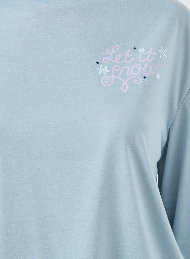 Styli Slogan Long Sleeve T-Shirt and Winter Print Cuffed Pyjama Set - Image 3