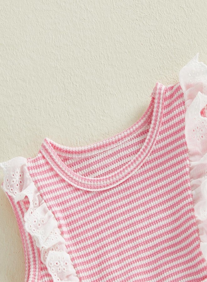 Nyapruwe Toddler Girls Summer Clothes Infant Sleeveless Tank Top Shirt Shorts Set Kids Striped Eyelet Ruffles Outfits (S Pink, 3-4T) - Image 5