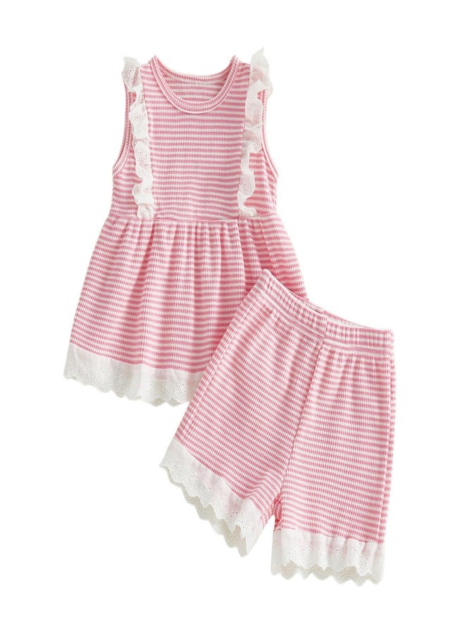 Nyapruwe Toddler Girls Summer Clothes Infant Sleeveless Tank Top Shirt Shorts Set Kids Striped Eyelet Ruffles Outfits (S Pink, 3-4T) - Image 1
