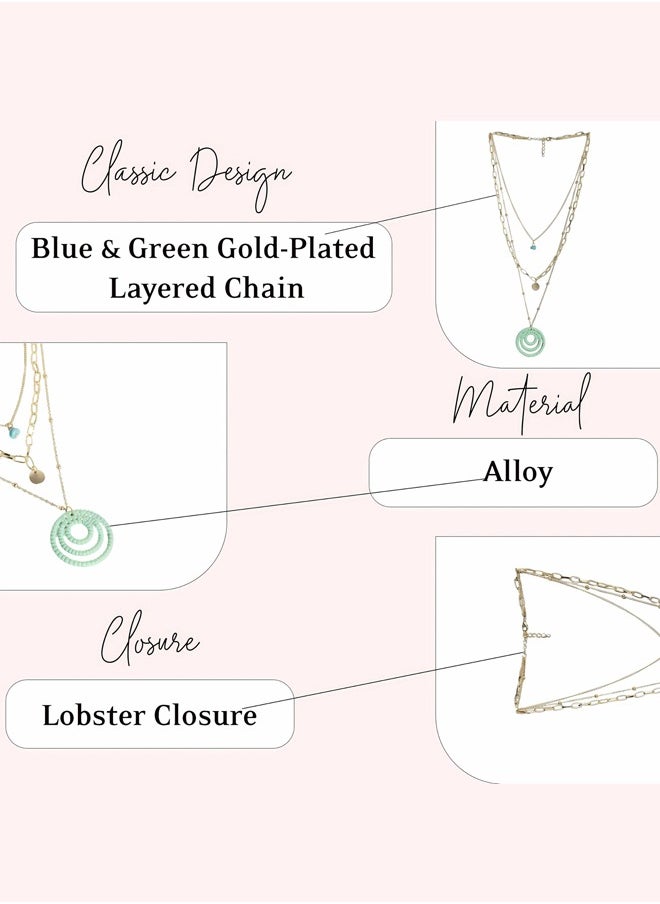 Just Peachy Just Peachy Blue & Green Gold-Plated Layered Chain Necklace, Handcrafted Elegant Design, Lightweight and Skin-Friendly, Perfect for Layering, Versatile for Casual or Formal Wear  - Image 3