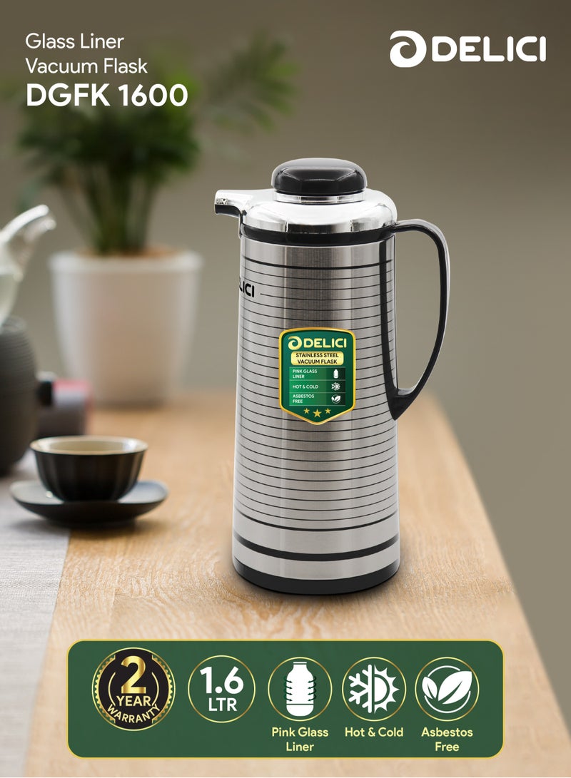 DELICI Glass Liner Vacuum Flask (DGFK 1600), 1.6Liters Capacity, Vacuum Insulation Keep Hot or Cold for Hours,Stainless Steel Body, Light & Unbreakable Body - Image 2