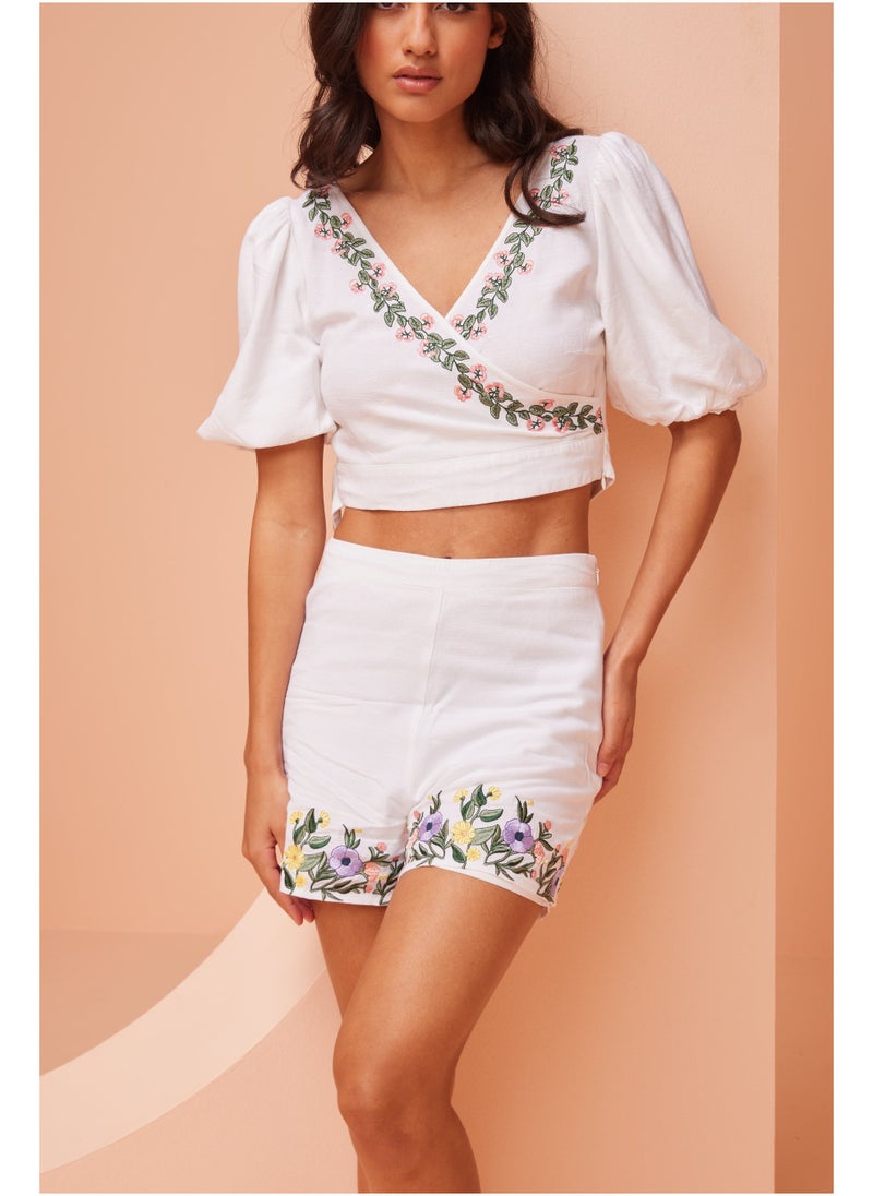 Ashita Fernandes Ashita Fernandes A'leila Women's Top – Women's White Floral Printed Linen Crop Top | 3/4 Sleeve | Lightweight & Breathable Fabric  - Image 2