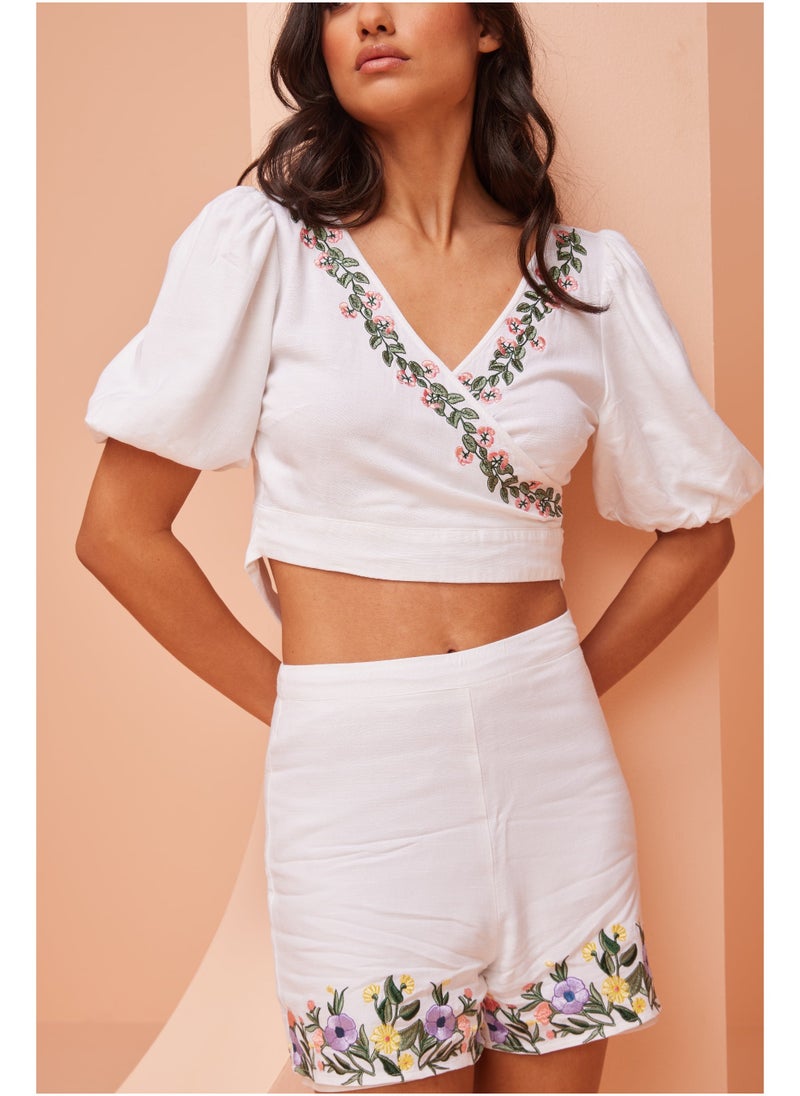 Ashita Fernandes Ashita Fernandes A'leila Women's Top – Women's White Floral Printed Linen Crop Top | 3/4 Sleeve | Lightweight & Breathable Fabric  - Image 4