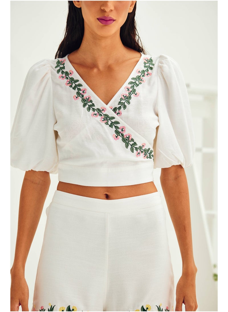 Ashita Fernandes Ashita Fernandes A'leila Women's Top – Women's White Floral Printed Linen Crop Top | 3/4 Sleeve | Lightweight & Breathable Fabric  - Image 5