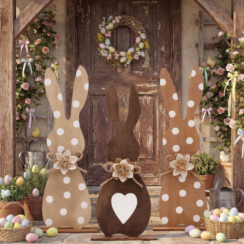 Yinkin 3 Pcs Easter Welcome Porch Sign Large Wooden Bunny Outdoor Decor Easter Tall Standings Bunny Shape Yard Decorations outdoor decor for Home Lawn 1575 InchBrown - Image 2