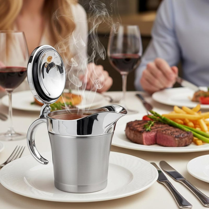 750Ml Gravy Boat in Stainless Steel, Serving Pitcher with Lid, Drip-Free Spout, Kitchen Table Sauce Dispenser - Image 2