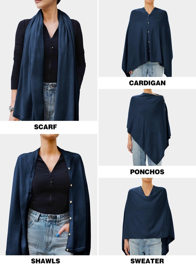 PULI Women's Versatile Knitted Scarf Poncho Sweater with Buttons Light Weight Spring Summer Fall Shawl Poncho Cape Cardigan, A-dark Slate Blue, One size - Image 3