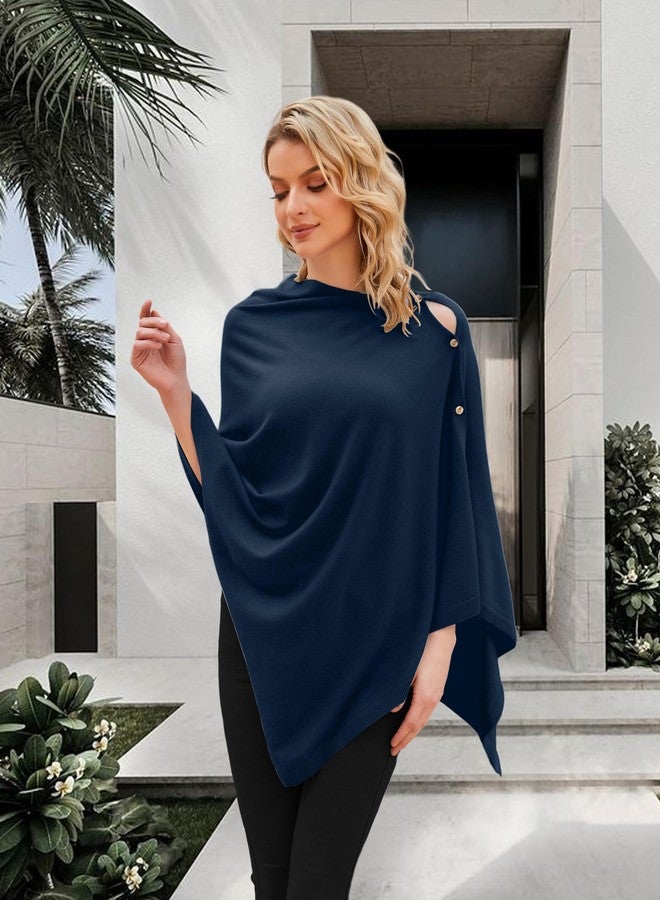 PULI Women's Versatile Knitted Scarf Poncho Sweater with Buttons Light Weight Spring Summer Fall Shawl Poncho Cape Cardigan, A-dark Slate Blue, One size - Image 2