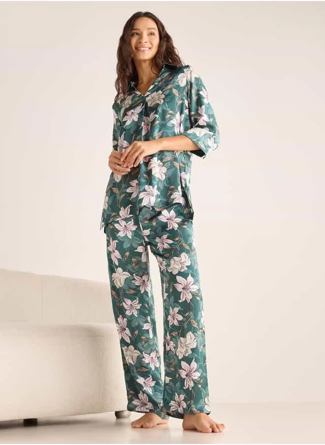 فاف Printed Collar Shirt and Pyjama Set
