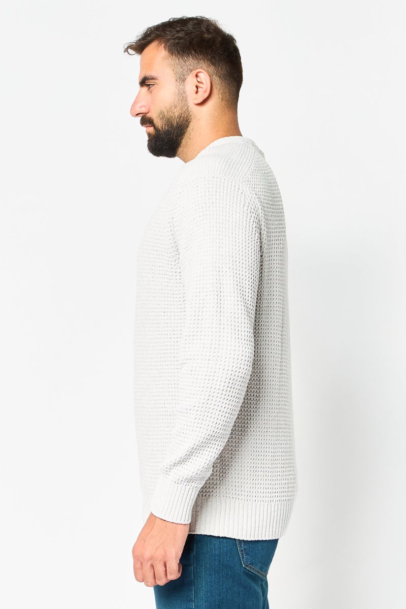 Celio Men Crew Neck Long Sleeve Textured Sweater, Light Grey - Image 3