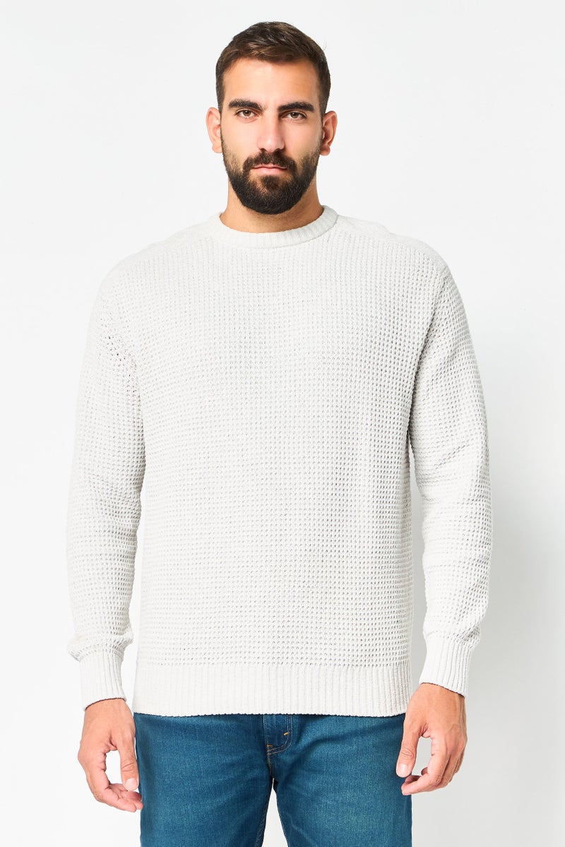 Celio Men Crew Neck Long Sleeve Textured Sweater, Light Grey - Image 1