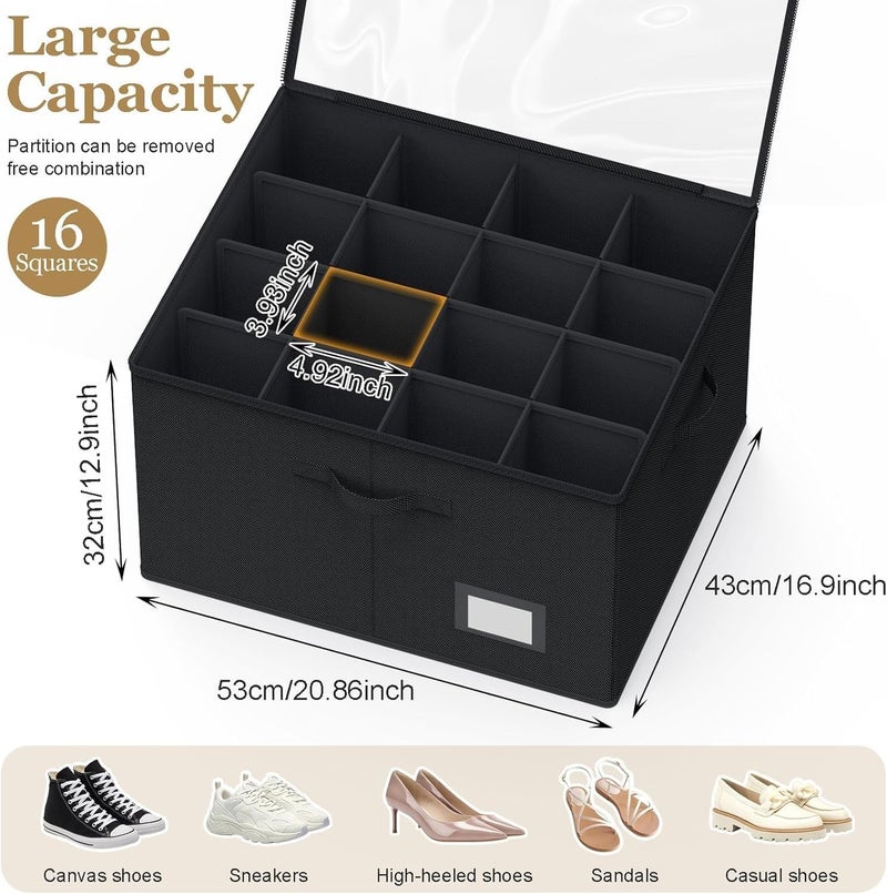 AMPLIN Large Capacity Shoe Storage Box with Lid 16Compartment Stackable Organizer for Sneakers Heels Sandals Foldable Fabric Shoe Bin with Clear Cover Sturdy Handles SpaceSaving Closet Solution - Image 2