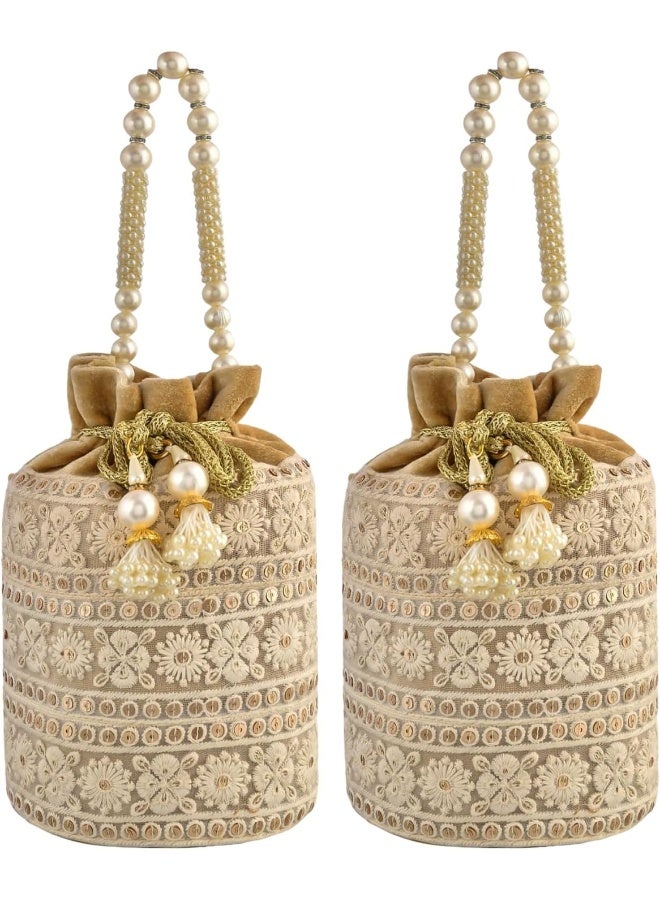 Kuber Industries Potli | Velvet Wedding Potli | Beads Handle Potli | Wallet Potli | Christmas Gift Potli | Baby Shower Potli | Embroidery Potli | Lucknowi Potli | Pack of 2 | Golden - Image 1