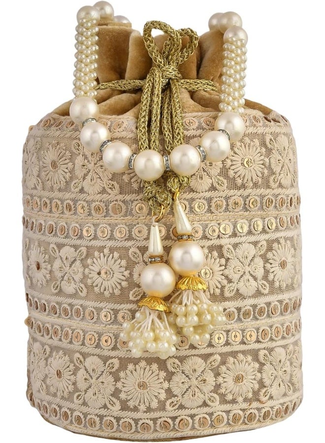 Kuber Industries Potli | Velvet Wedding Potli | Beads Handle Potli | Wallet Potli | Christmas Gift Potli | Baby Shower Potli | Embroidery Potli | Lucknowi Potli | Pack of 2 | Golden - Image 4