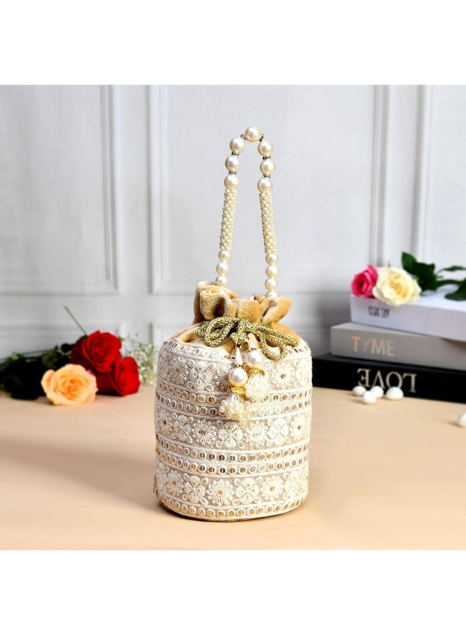 Kuber Industries Potli | Velvet Wedding Potli | Beads Handle Potli | Wallet Potli | Christmas Gift Potli | Baby Shower Potli | Embroidery Potli | Lucknowi Potli | Pack of 2 | Golden - Image 2