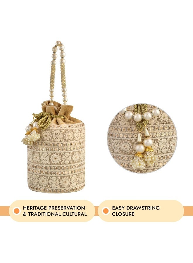 Kuber Industries Potli | Velvet Wedding Potli | Beads Handle Potli | Wallet Potli | Christmas Gift Potli | Baby Shower Potli | Embroidery Potli | Lucknowi Potli | Pack of 2 | Golden - Image 5