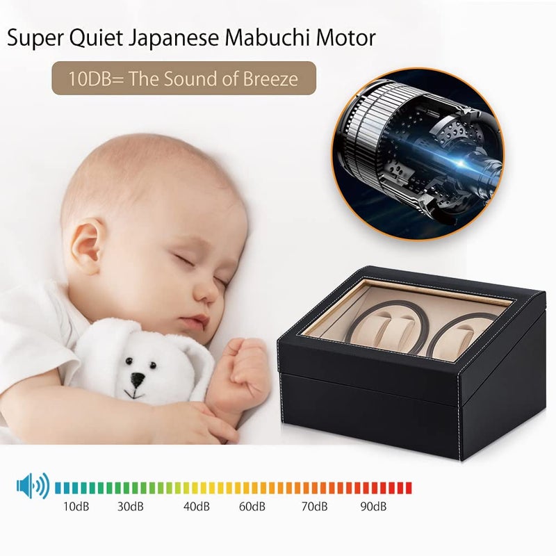 J&T Technology Leather Automatic Watch Winder for 4 Watch Rotator + 6 Watch Storage,2 Rotating Modes,Quiet Japanese Mabuchi Motor Â– Watch Winder Box for Men/Women,AC Adapter (PU), Black - Image 3