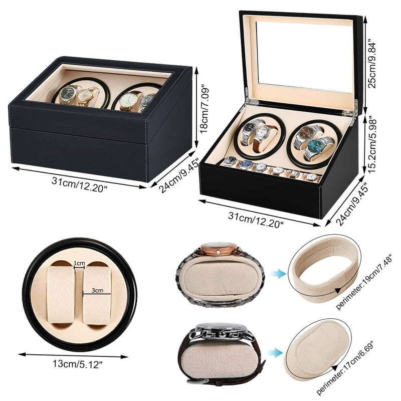 J&T Technology Leather Automatic Watch Winder for 4 Watch Rotator + 6 Watch Storage,2 Rotating Modes,Quiet Japanese Mabuchi Motor Â– Watch Winder Box for Men/Women,AC Adapter (PU), Black - Image 4