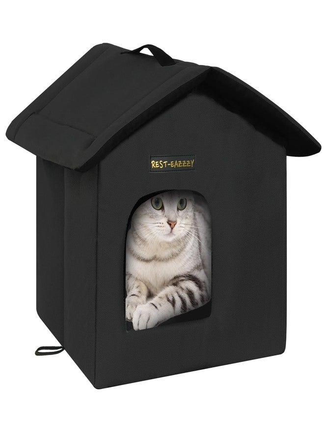 Rest-Eazzzy Cat House for Outdoor Cats, Weatherproof and Insulated Feral Cat House with Mat and Canopy, Easy to Put Together, Selfwarming Cat Shelter for Winter(13 * 13 * 14" Black with Support) - Image 1