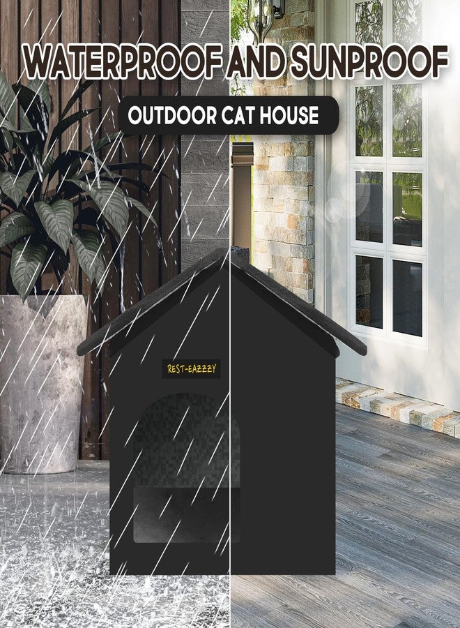 Rest-Eazzzy Cat House for Outdoor Cats, Weatherproof and Insulated Feral Cat House with Mat and Canopy, Easy to Put Together, Selfwarming Cat Shelter for Winter(13 * 13 * 14" Black with Support) - Image 2