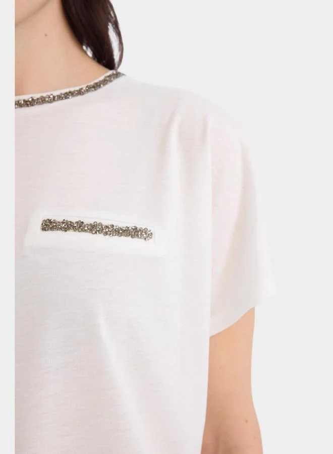 DeFacto DeFacto Women Beige Knitted Crew Neck Short Sleeve TShirt