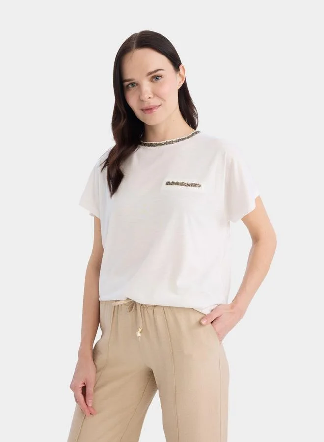 DeFacto DeFacto Women Beige Knitted Crew Neck Short Sleeve TShirt