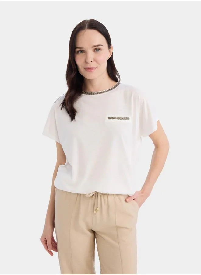 DeFacto DeFacto Women Beige Knitted Crew Neck Short Sleeve TShirt