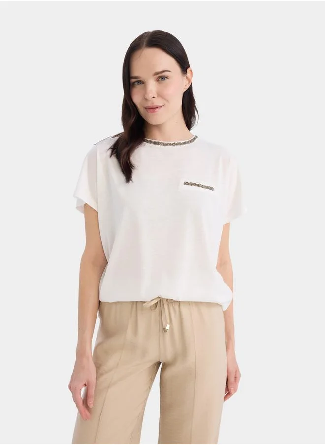 DeFacto DeFacto Women Beige Knitted Crew Neck Short Sleeve TShirt