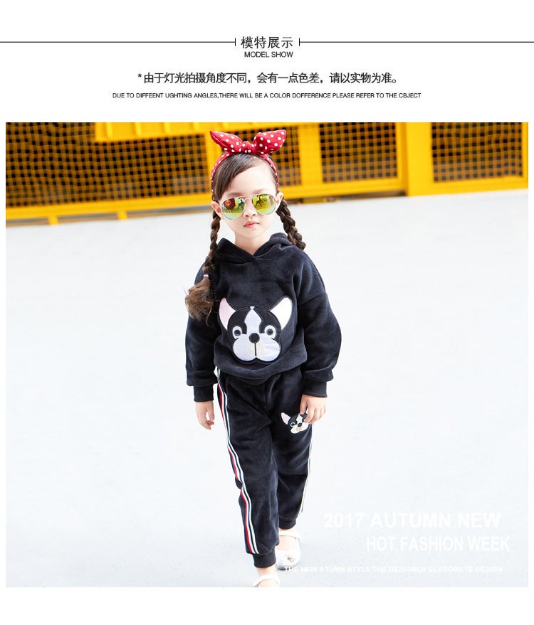 Girls 2023 Autumn Winter Velvet Hoodie Pants Set Black plus velvet thickening