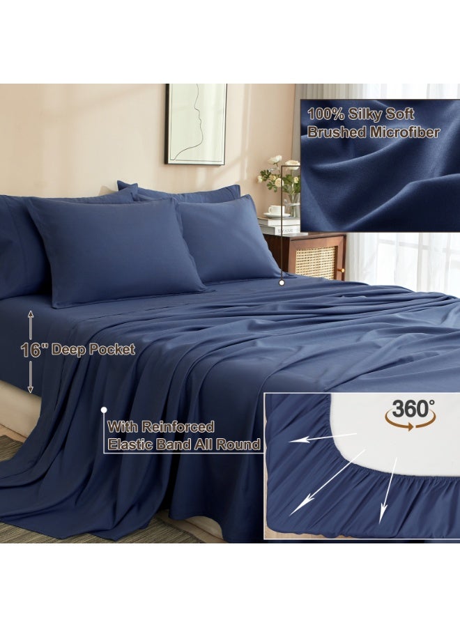 PHF 7 Pieces King Comforter Set, Lightweight Bed in A Bag - Includes Comforter (265 cm x 230 cm), Flat Sheet (275 cm x 260 cm) and Fitted Sheet (200 cm x 205 cm) with 40cm Deep Pocket, 4 Pillowcases (2pc 50 cm x 90 cm + 2pc 50 cm x 100cm), Navy Blue - Image 5