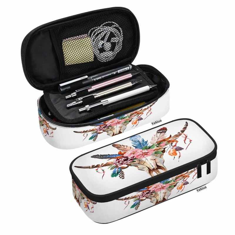 Yekiua Bulls Head Pencil Case Watercolor Fashion Cow Skull Boho Peony Flowers Feathers Big Capacity Pencil Pouch Office College Makeup Bag Colorful