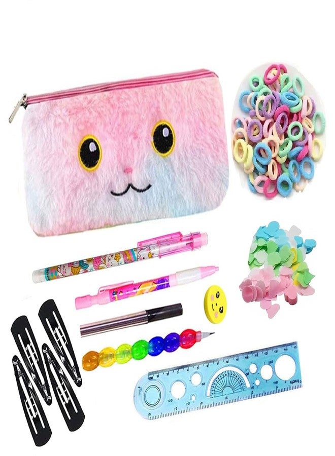 Krisus 10pcs Unicorn Stationery Combo Set for Girls Fur Pouch & 3 Pencils, Paper Soap, Scale, Eraser, 20 Rubber Band, 2 Hair Clip Return Gift in Bulk Rakhi Gfit Birthday Return Party Favor for Girls - Image 1