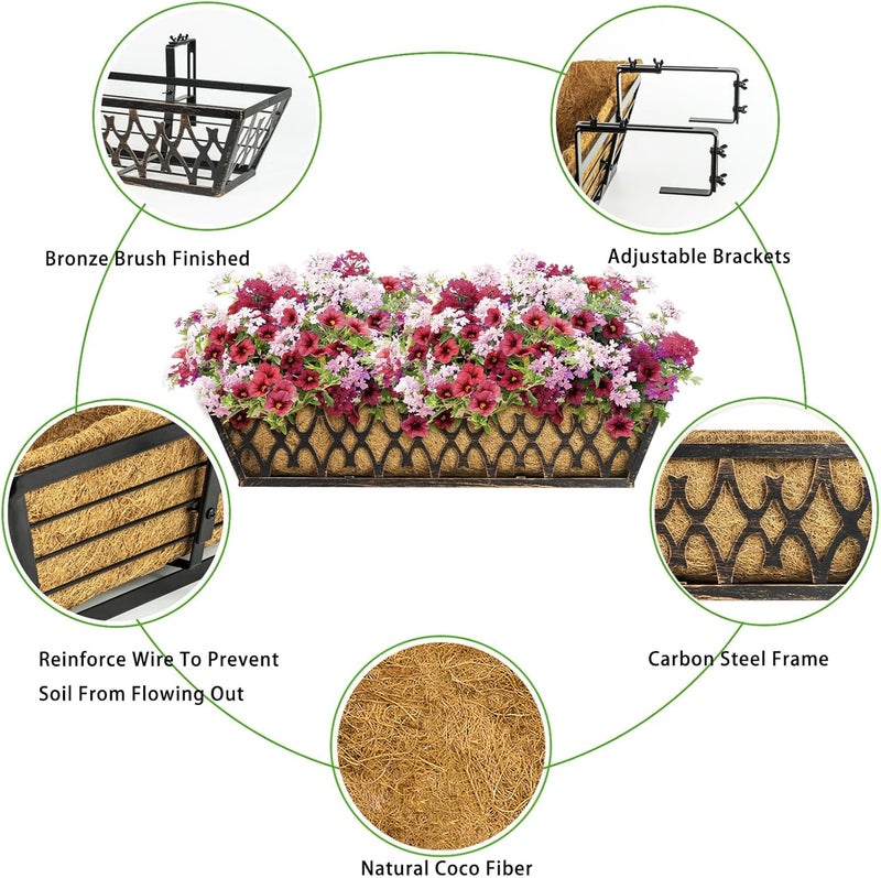 Karlliu 6 Pack 24 Inch Window Boxes Planters Railing Planter Box with Adjustable Brackets for Porch Fence Patio Balcony Hanging Flower Baskets with Coco Liners for Outdoor Garden Decor - Bronze - Image 3
