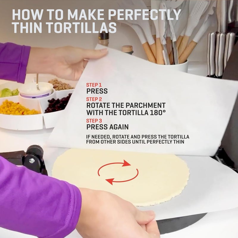 Uno Casa Cast Iron Tortilla Press 8 Inch - Tortilla Maker Press, Pre-Seasoned Roti Maker with 100 Pcs Parchment Paper - Heavy Duty Quesadilla Maker for Homemade Flatbreads, Rotis, Empanadas - Image 5
