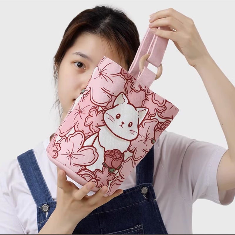 Portable Office Worker Handbag Canvas Bucket Bag Cute Bucket Hand Bag Lunch Bag Baby Mom Outing Handbag - Image 4