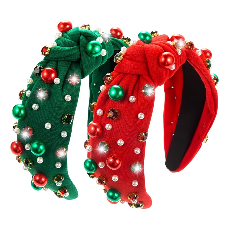 TailaiMei 2Pcs Christmas Rhinestone Knotted Headband for Women Red  Green Jeweled Crystal Embellished Ladies Twist Wide Hair Band Accessories Holiday Makeup Hair Hoop Gifts Pearl