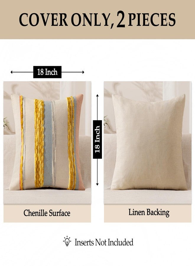 ANRODUO Pack of 2 Boho Decorative Throw Pillow Covers 18x18 Farmhouse Cushion Case Striped Chenille Pillow Cases Square Pillow Covers Accent Neutral Pillowcase for Sofa Couch Bed, Yellow Stripe - Image 4