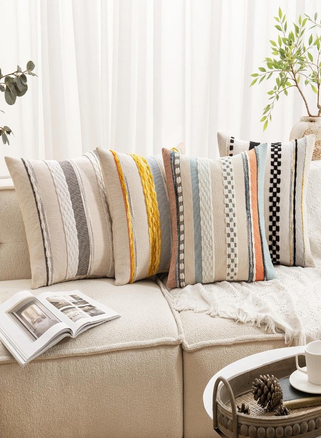 ANRODUO Pack of 2 Boho Decorative Throw Pillow Covers 18x18 Farmhouse Cushion Case Striped Chenille Pillow Cases Square Pillow Covers Accent Neutral Pillowcase for Sofa Couch Bed, Yellow Stripe - Image 2