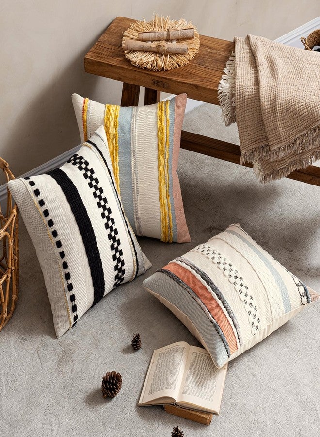 ANRODUO Pack of 2 Boho Decorative Throw Pillow Covers 18x18 Farmhouse Cushion Case Striped Chenille Pillow Cases Square Pillow Covers Accent Neutral Pillowcase for Sofa Couch Bed, Yellow Stripe - Image 3