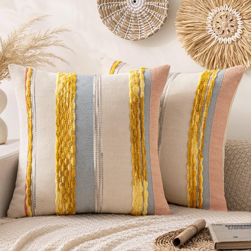 ANRODUO Pack of 2 Boho Decorative Throw Pillow Covers 18x18 Farmhouse Cushion Case Striped Chenille Pillow Cases Square Pillow Covers Accent Neutral Pillowcase for Sofa Couch Bed, Yellow Stripe - Image 1