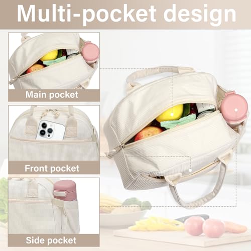 Carry bloom Lunch Box for Women, Insulated Lunch Bag Cute Corduroy Lunchbox Reusable Tote Bags for Work (beige corduroy) - Image 5